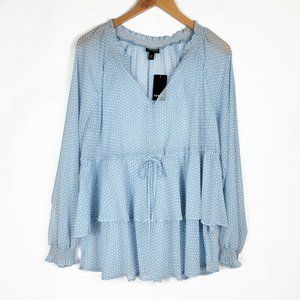 Torrid Blouse Womens Size 00 Light Blue Sheer Polka Dots Smocked Gorgeous